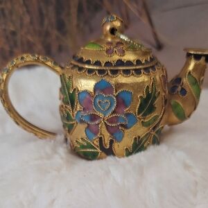 Gold Tone Mini Cloisonné Floral Teapot Colorful Enamel Accents Vintage Ornament